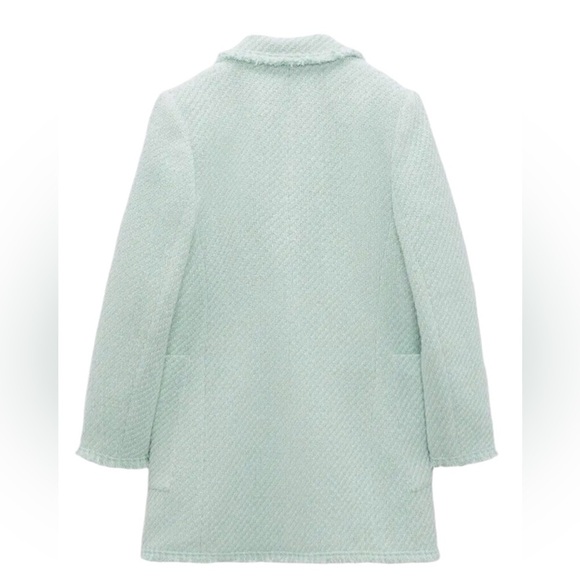 Zara Green White Tweed Textured Long Blazer-Small - Picture 3 of 15
